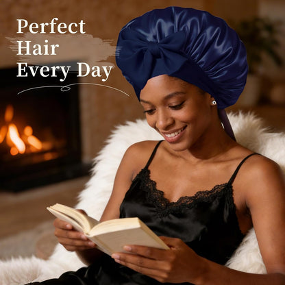 Silk Bonnet Satin Bonnet for Sleeping Large Bonnets with Tie Band Hair Wrap with Adjustable Straps Hair Cap for Women Curly Black