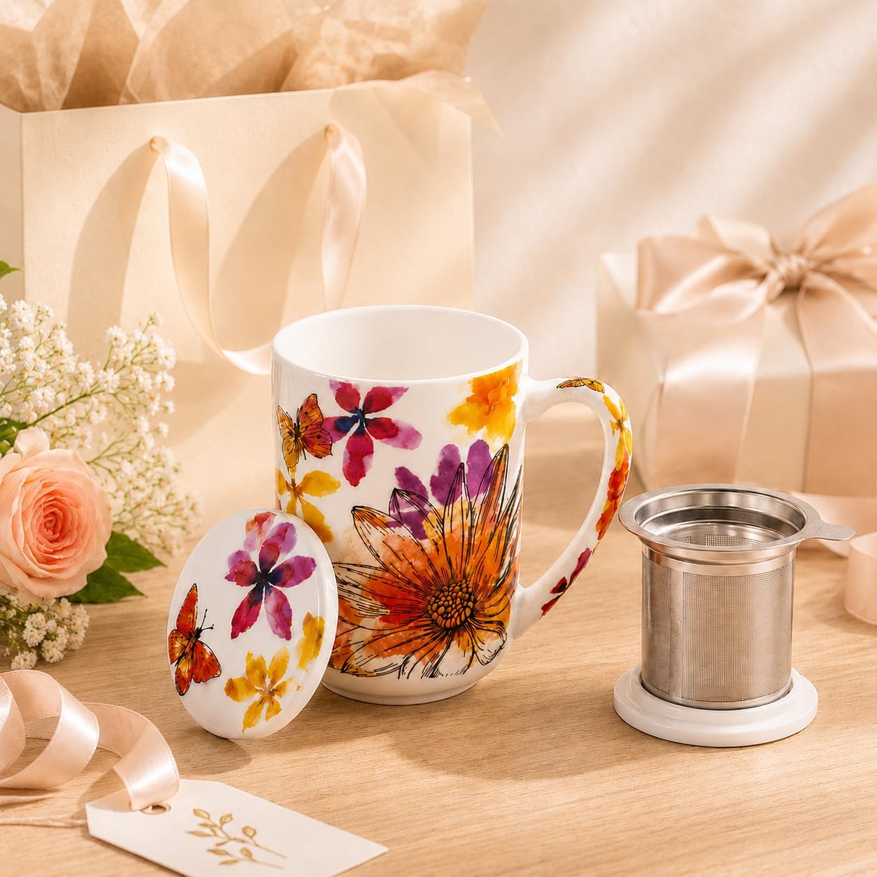 GBhome Tea Mug with Infuser and Lid, 18 Ounce Large Ceramic Loose Leaf Cup, Microwave, Dishwasher Safe, Perfect for Tea Lovers