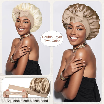 Satin Bonnet for Sleeping Cap Double Layer Hair Bonnet with Elastic Tie Band for Curly Hair Night Cap (Bean Paste + Pink)