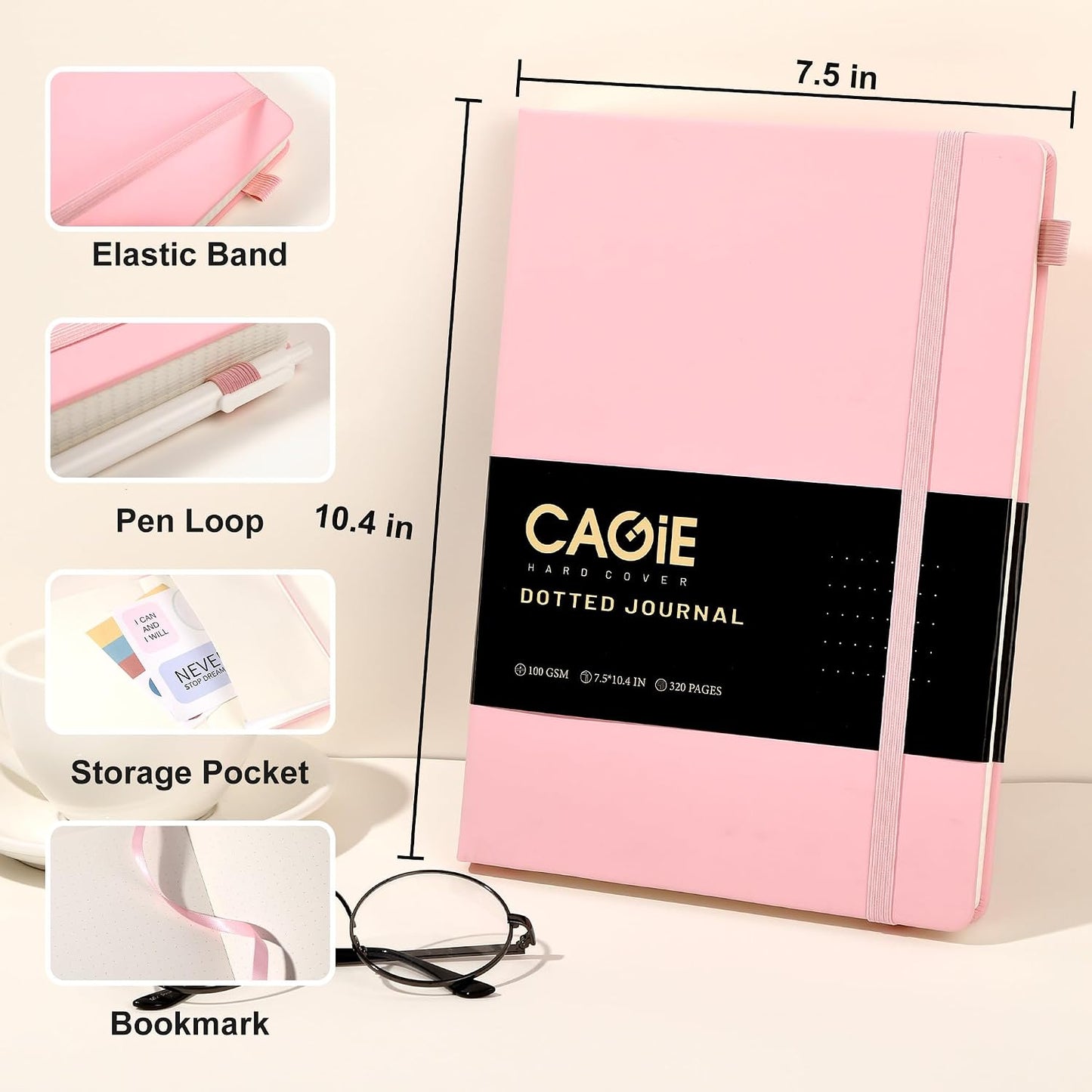 CAGIE Lined Journal Notebook for Women Men 320 Pages 100 Gsm Paper Thick Journaling Notebooks A5 Leather Journals for Writing Hardcover Journal Supplies for Work Note Taking Diary, 5.7x8.3 In, Green