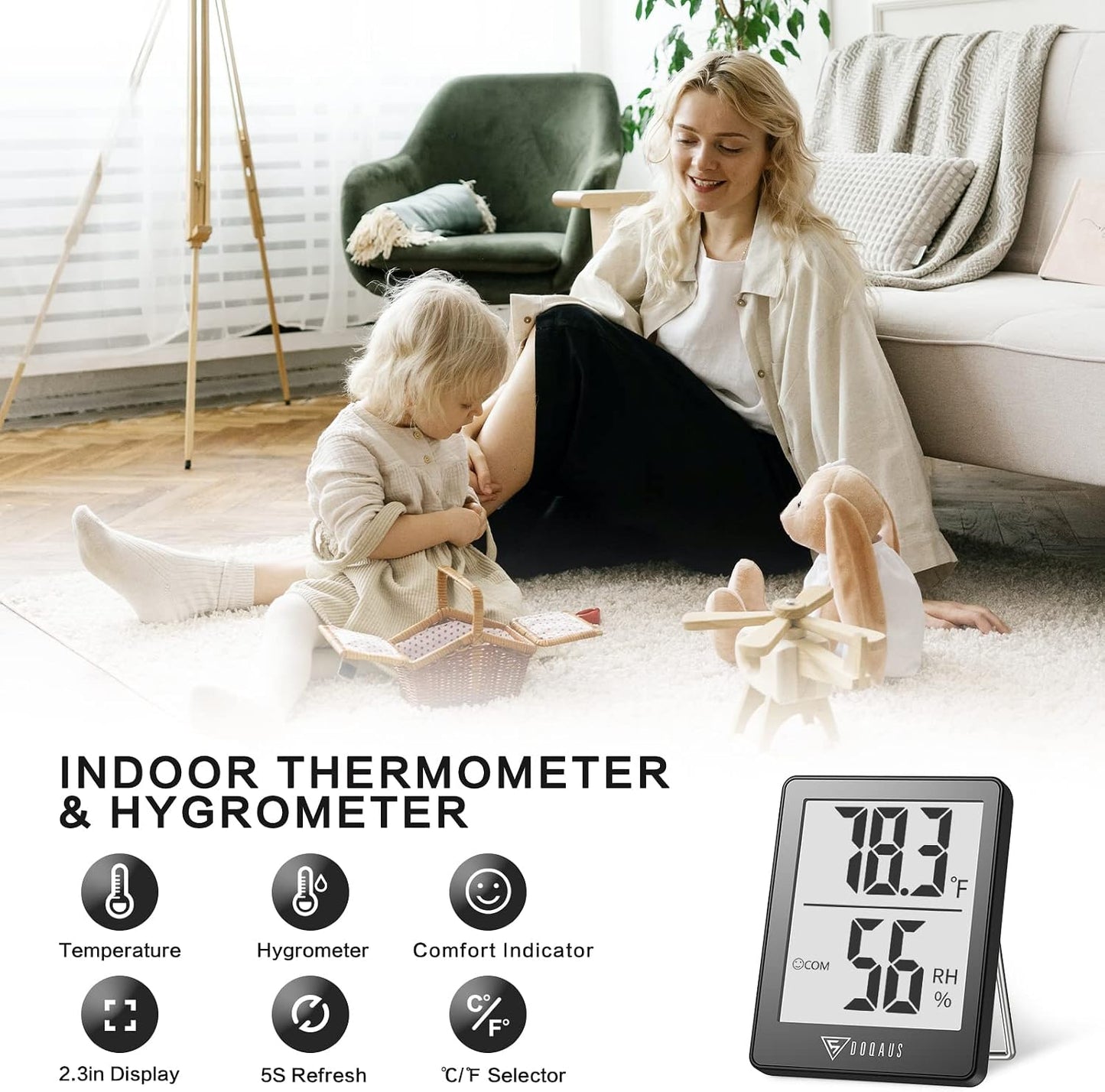 DOQAUS Digital Hygrometer Indoor Thermometer Humidity Meter Room Thermometer with 5s Fast Refresh Accurate Temperature Humidity Monitor for Home, Bedroom, Baby Room, Office, Greenhouse, Cellar (Black)