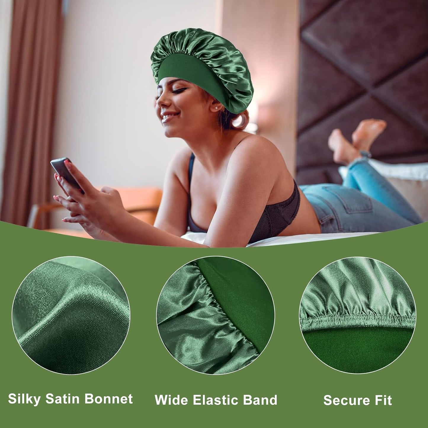 4PCS Silk Satin Bonnets for Black Women & Men - Elastic Wide Band Hair Wrap Cap for Curly Hair - Shower Cap for Sleeping (Black, Peacock Blue, Pink, Khaki)