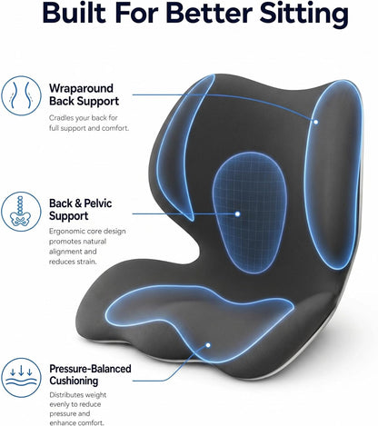 Ergonomic Seat Cushion for Office Chair - Extra Thick Premium Memory Foam with Back & Pelvic Support, Posture Support Cushion for Work from Home, Long Sitting Comfort, Fits Max Hips 40", Waist 38"