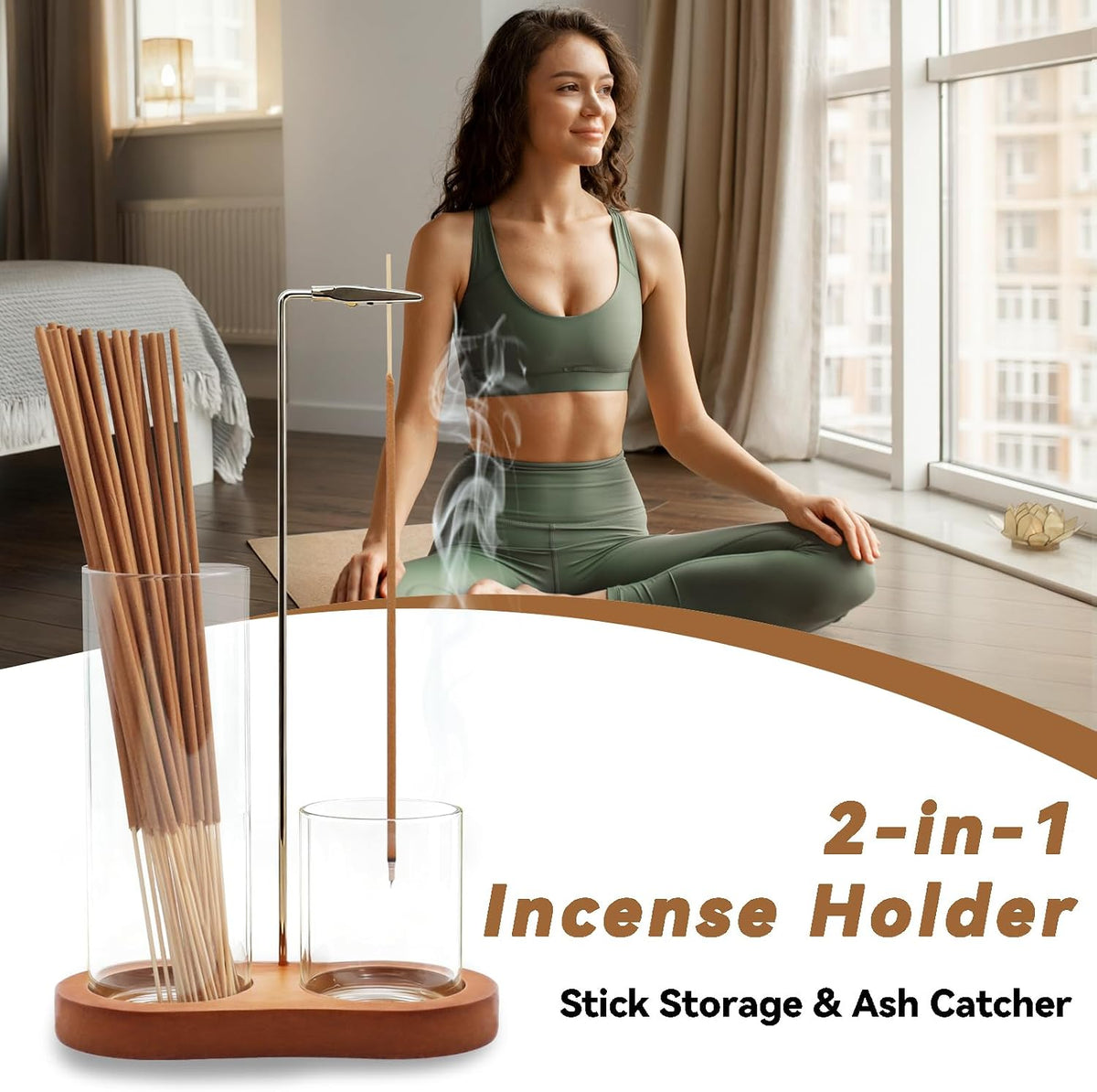 Incense Holder, 2 in 1 Incense Sticks Burner with Glass Ash Catcher & Stick Storage, Meditation Yoga Spa Gifts for Women, House Warming Gifts New Home Wooden Aesthetic Room Decor, Rustic Brown