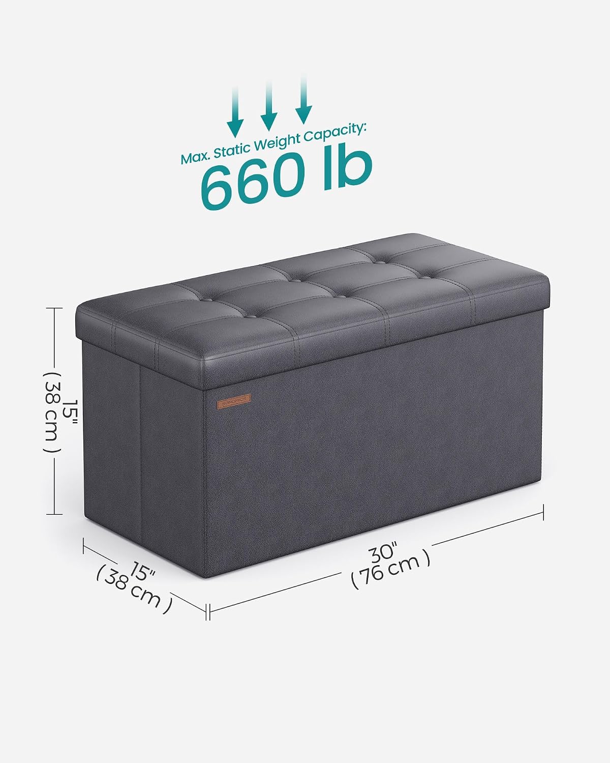 SONGMICS MAZIE Collection - 43 Inches Folding Storage Ottoman Bench, Ottoman with Storage, Foot Rest Stool, Load 660 lb, for Living Room, Synthetic Leather, Black ULSF701