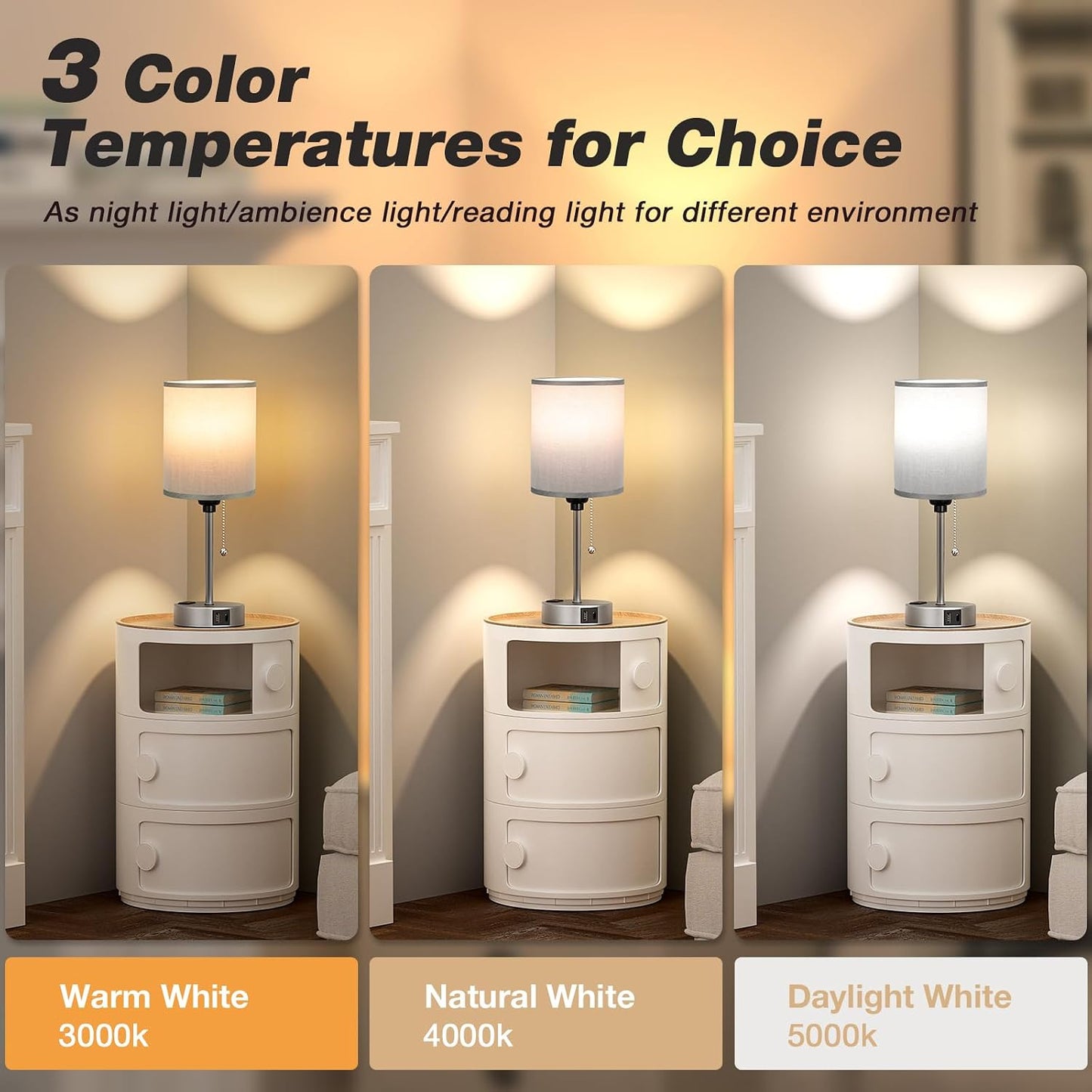 Small Bedside Table lamp for Bedroom - 3 Color Temperatures Bedside Lamps with USB C and A Ports, Pull Chain Table Lamps with AC Outlet, White Nightstand Lamps with Black Metal Base for Kids Reading