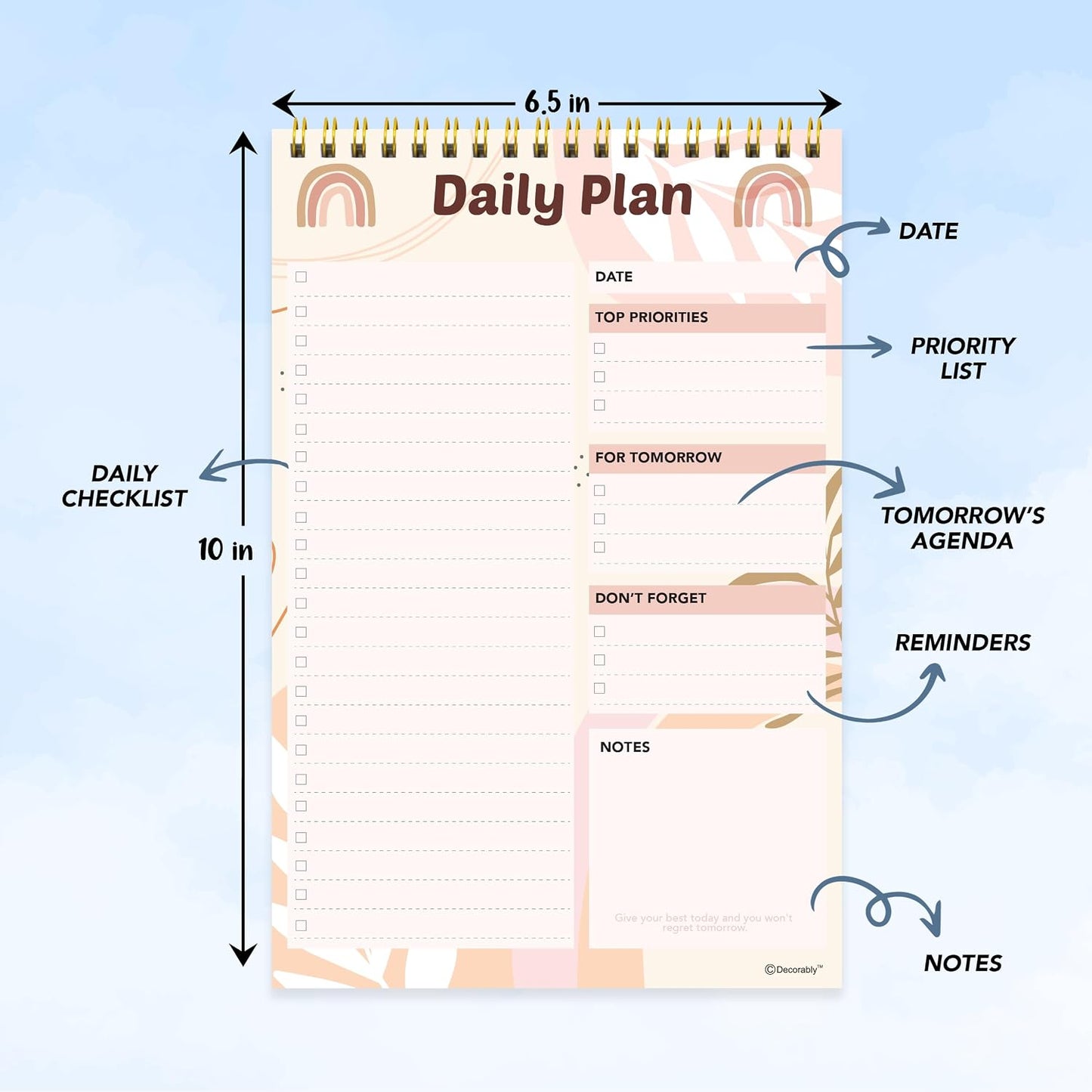 Decorably 52 Sheets Boho Undated Daily to Do List Notepad, 6.5x10in Spring-Bound Planner Pad, Easy Tear-Off Design, with Priorities, Checklist, Agenda, Reminders, Notes - Home, School, Office