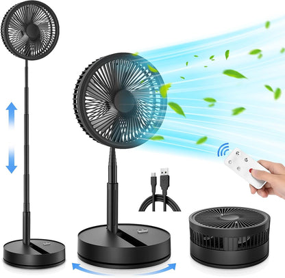 Portable Foldable Rechargeable Oscillating Fan - 8.6" 8000mah Battery Operated USB C Small Fan with Remote Quiet Table Desk Fan Folding Standing Pedestal Fan for Bedroom Rome Office Camping Travel
