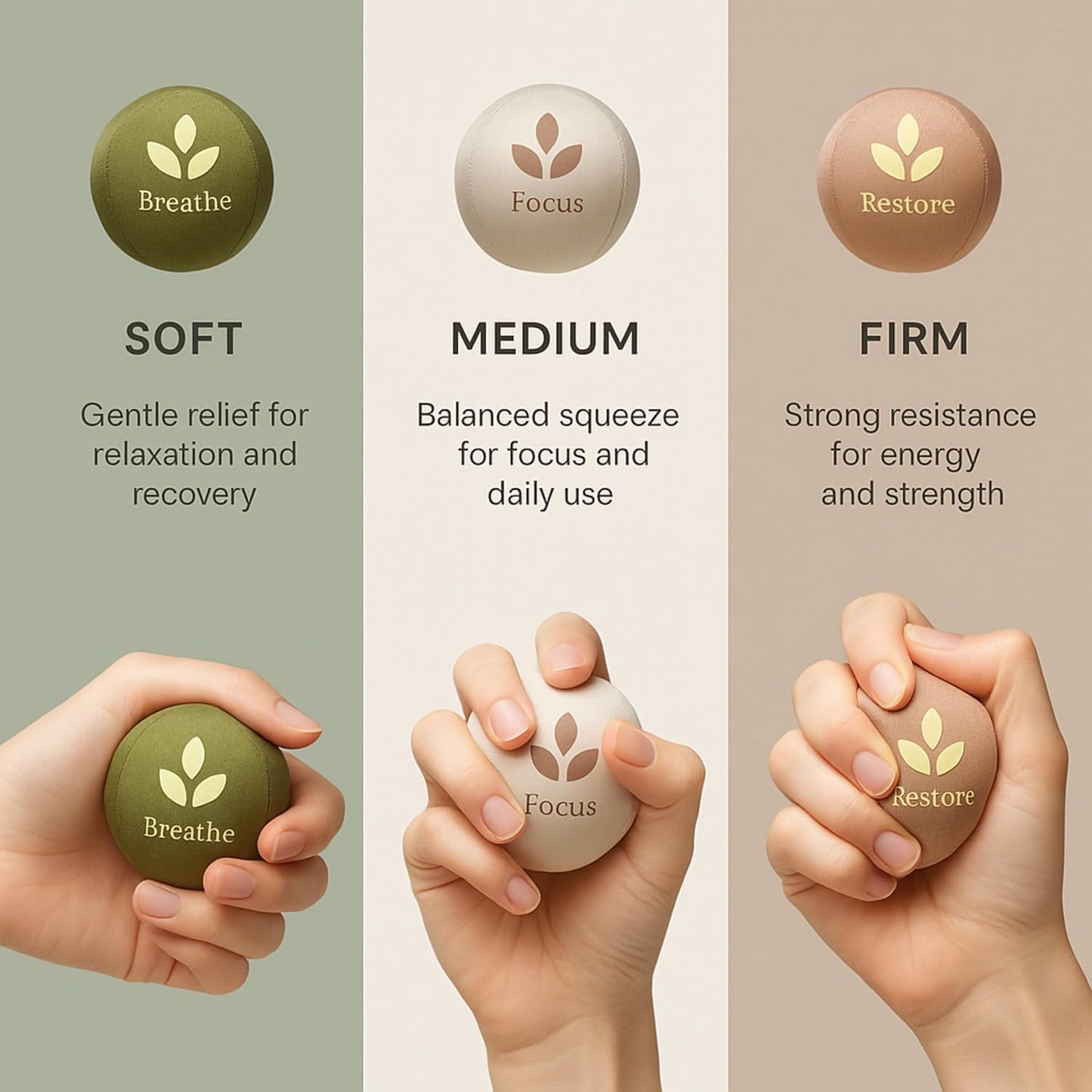 MellowMinds Stress Balls for Adults — 3-Pack Therapy Hand Balls for Stress Relief, Anxiety & Focus | Soft, Medium & Firm Resistance | Premium Minimalist Desk Wellness Gift for Office & Home