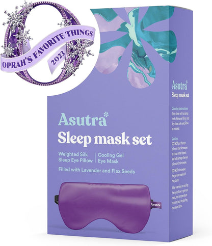 ASUTRA Silk Eye Pillow for Sleep, Black - Filled w/Lavender Buds & Flax Seeds, Weighted Eye Mask, Meditation & Light Blocking Blindfold, Cooling Gel Mask Included
