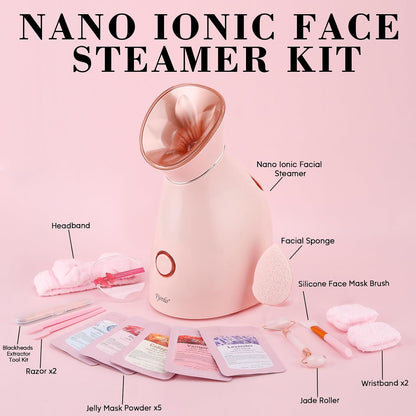 Pjordo Facial Steamer Spa Kit, 12 Skin Care Tools & 5 Jelly Mask Powder, Nano Ionic Steamer for Facial Deep Cleaning Unclog Pores Sinuses, Warm Mist Humidifier for Home SPA, Self Care Gifts for Women