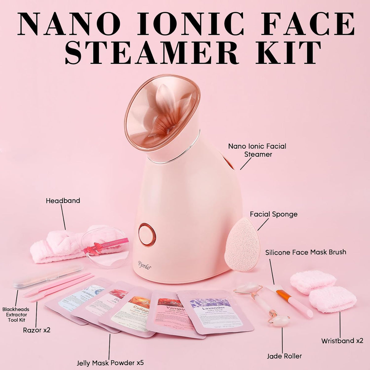 Pjordo Facial Steamer Spa Kit, 12 Skin Care Tools & 5 Jelly Mask Powder, Nano Ionic Steamer for Facial Deep Cleaning Unclog Pores Sinuses, Warm Mist Humidifier for Home SPA, Self Care Gifts for Women