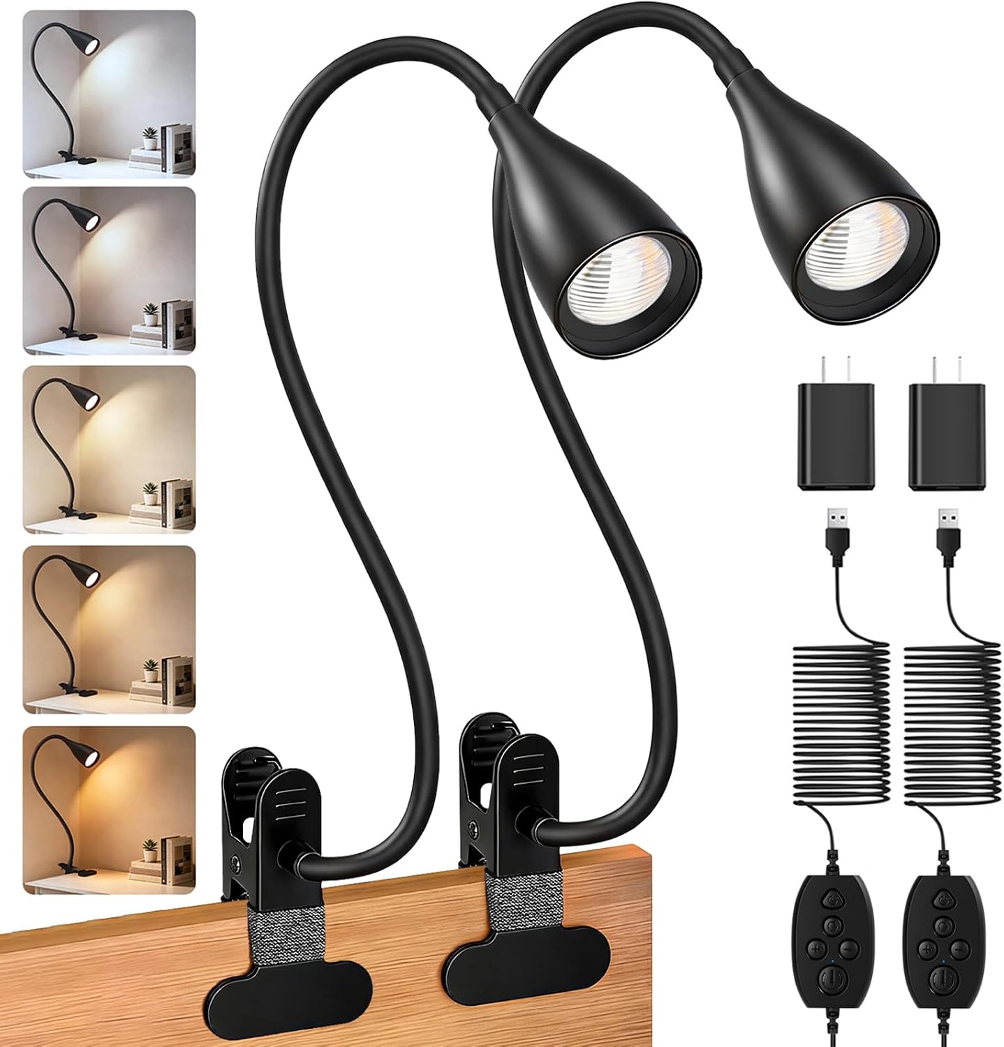 Reading Light for Book in Bed, Clip on Light Reading Lamp with Adapter, 5 Color Modes 10 Brightness, 360° Flexible Eye-Caring Clip on Desk Lamp Book Light for Reading in Bed Headboard Bedside Bedroom