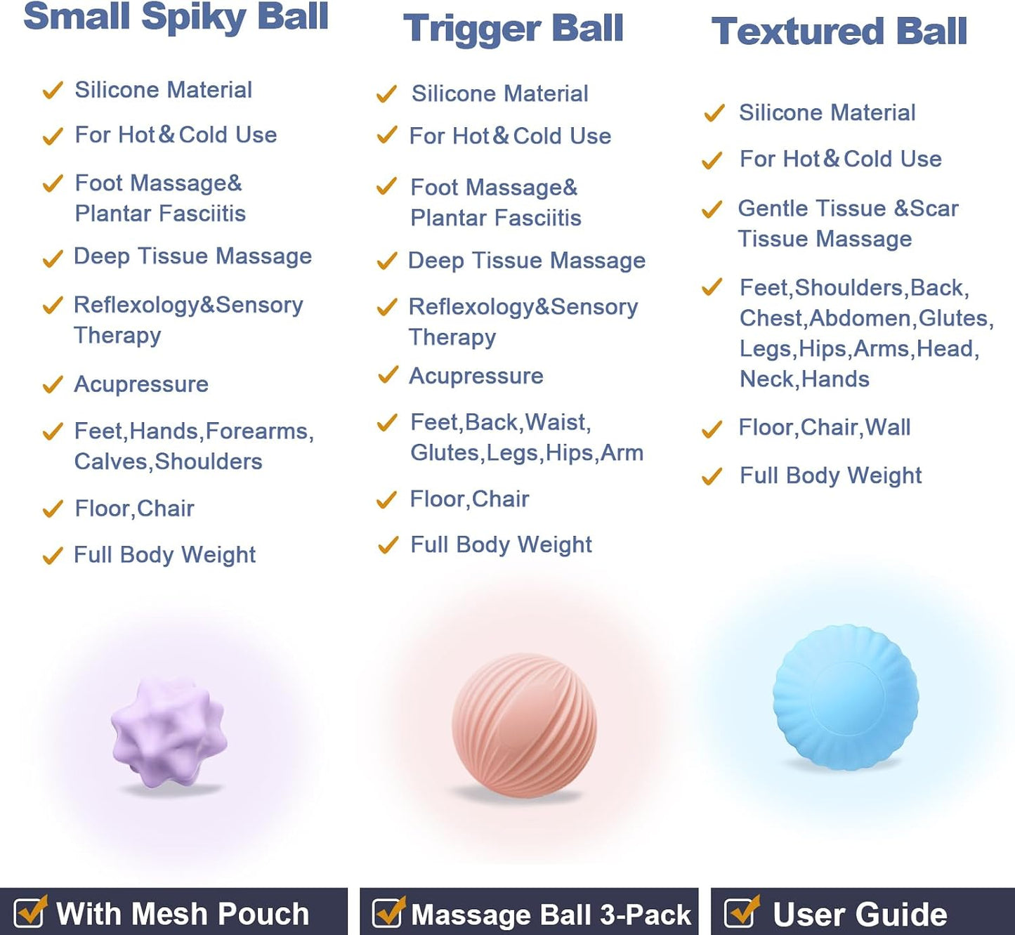 Silicone 3-Piece Massage Ball Set - Peanut, Textured and Spiky Lacrosse Balls to Relieve Tension,Muscle Knots & Plantar Fasciitis with Deep Tissue Release for Foot,Back,Hip,Arm & Legs