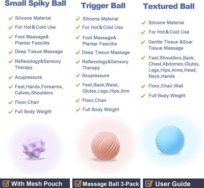 Silicone 3-Piece Massage Ball Set - Peanut, Textured and Spiky Lacrosse Balls to Relieve Tension,Muscle Knots & Plantar Fasciitis with Deep Tissue Release for Foot,Back,Hip,Arm & Legs