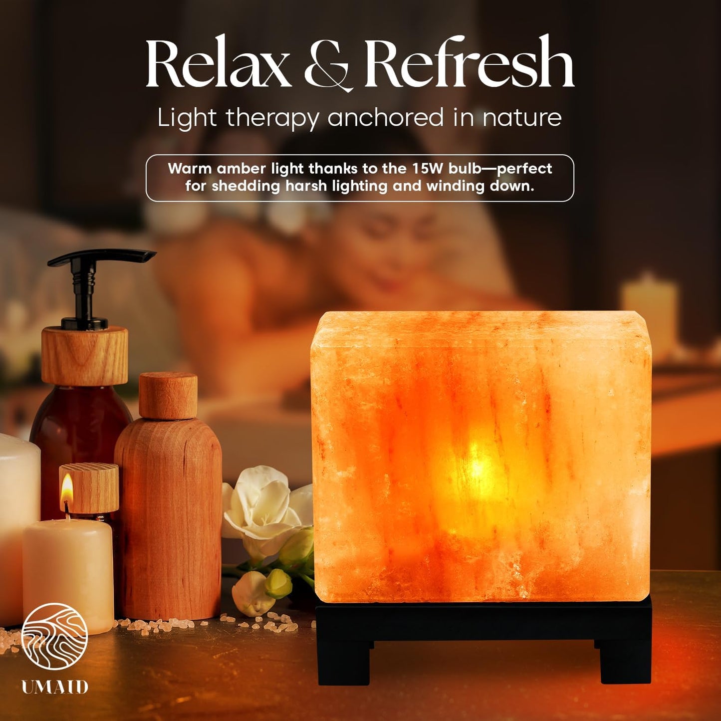 UMAID Himalayan Salt Lamp 8–10"(7–11 lb) Dimmable Pink Rock Salt Lamp with Wooden Base & Night Light Bulb, Spa Decor for Meditation Room, Massage Stones Ambiance, Desk & Bedroom,Gifts for Men & Women