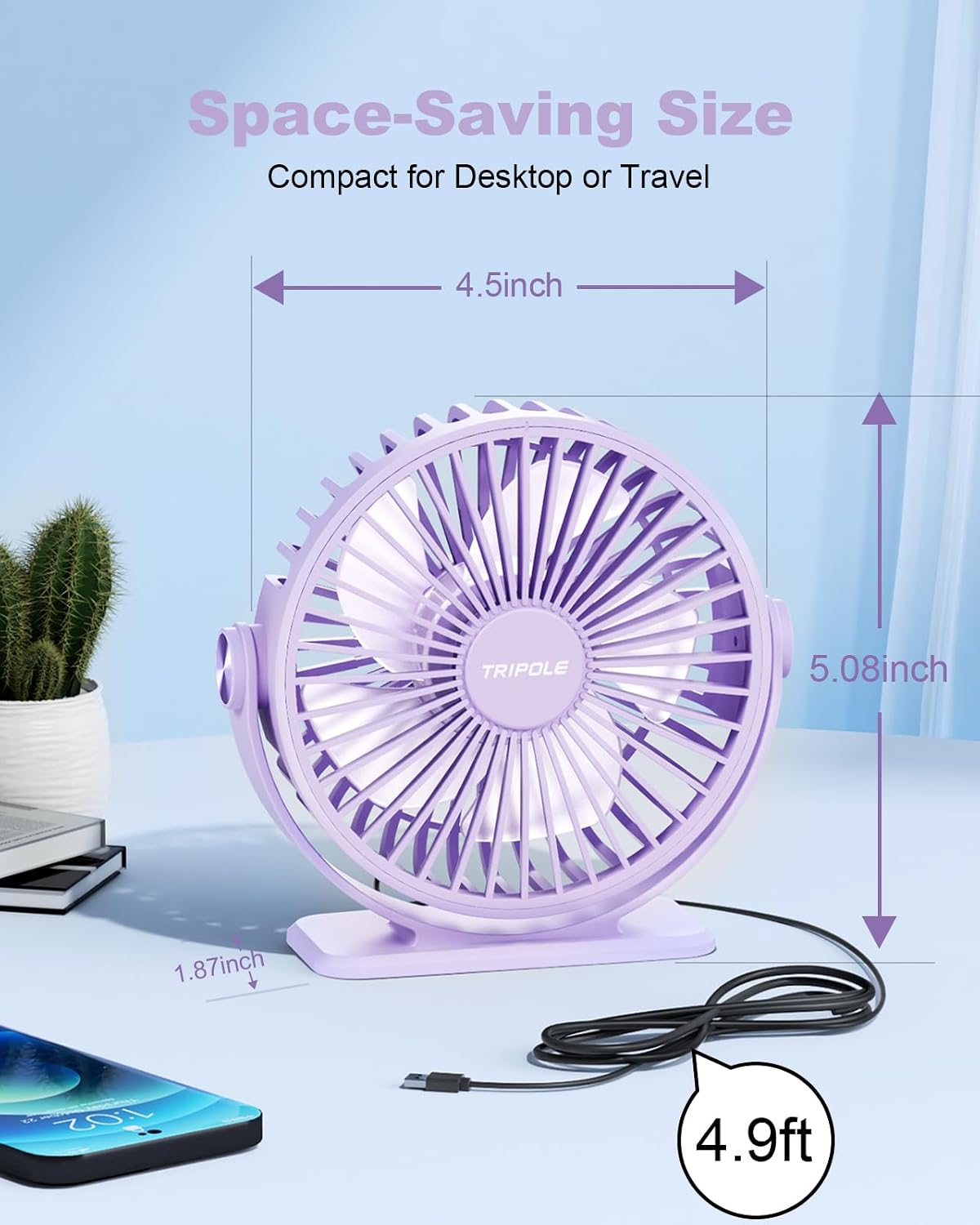 TriPole Desk Fan USB Powered Small Portable Fan, 3 Speeds Adjustable Strong Breeze Mini Personal Fans, 360° Rotation Quiet Plug In USB Fans for Desktop Bedroom Office Table Travel, Black, 4.9ft Cable
