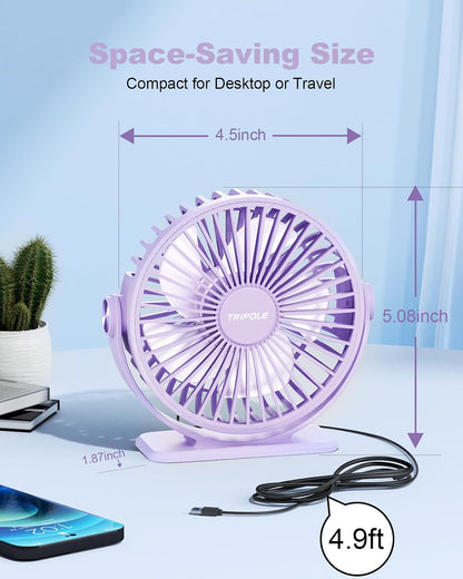 TriPole Desk Fan USB Powered Small Portable Fan, 3 Speeds Adjustable Strong Breeze Mini Personal Fans, 360° Rotation Quiet Plug In USB Fans for Desktop Bedroom Office Table Travel, Black, 4.9ft Cable