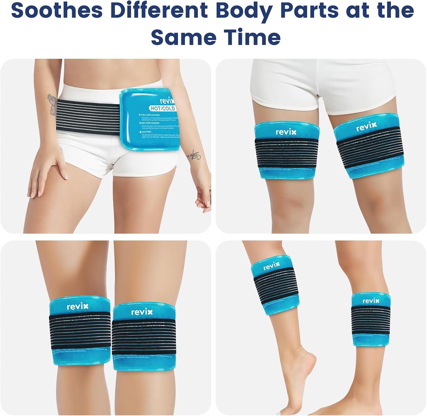 REVIX Ice Packs for Injuries Reusable, 2 Packs Hot & Cold Gel Ice Packs with PVC Cooling Design & Adjustable Strap, Flexible Therapy on Joints, Muscles, Shoulder, Back and Knee (10" x 5" Blue)