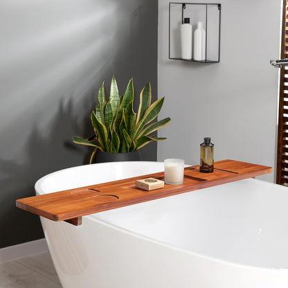 Teak Bathtub Tray for Freestanding Tubs - 35" Heavy-Duty Luxury Bath Caddy, Non-Slip Zero-Wobble Design, Water-Resistant Spa Organizer with Wine Glass & Phone Holder