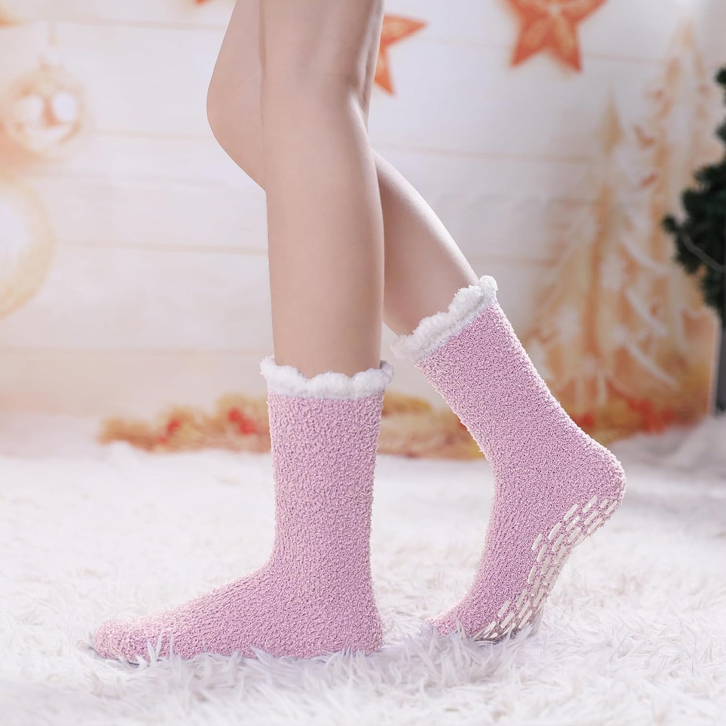 LINEMIN Non-Slip Fuzzy Socks for Women - Cozy Hospital Soft Fluffy Socks With Grips - Winter Warm Slipper
