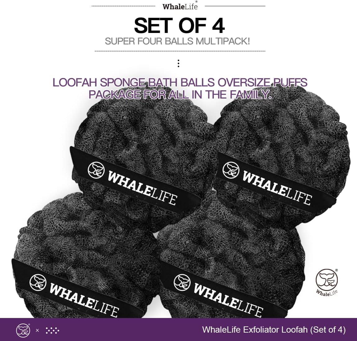 WhaleLife Loofah Bath Sponges - Black Gentle Exfoliating Shower Loofah for Rich Lather, Durable Mesh Body Scrubber for Men & Women 4 Pack