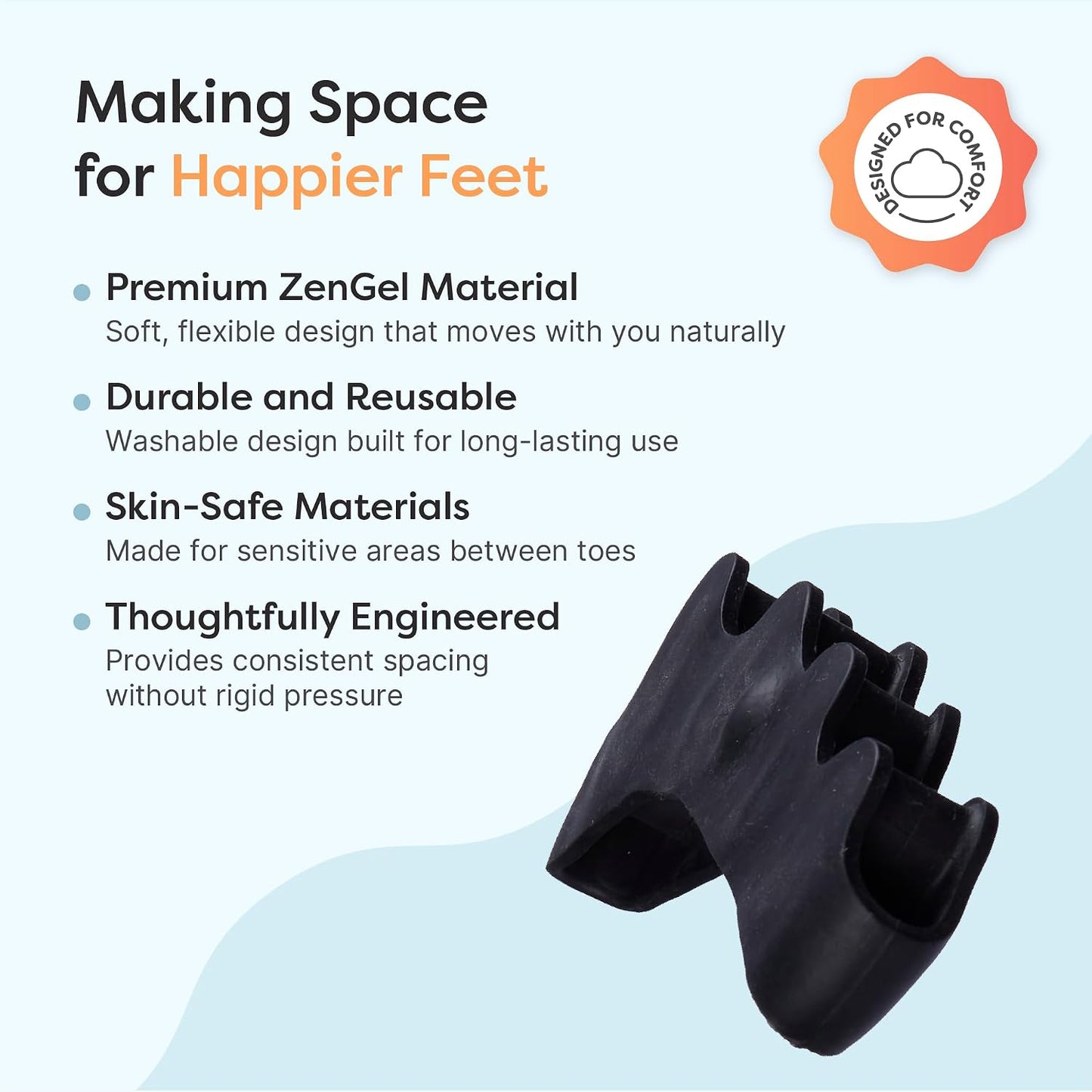 ZenToes Silicone Toe Spacers and Separators for Correct Toe Alignment, Bunion Relief, Hammertoe Straightener, Gel Orthopedic Corrector – 1 Pair (Black)