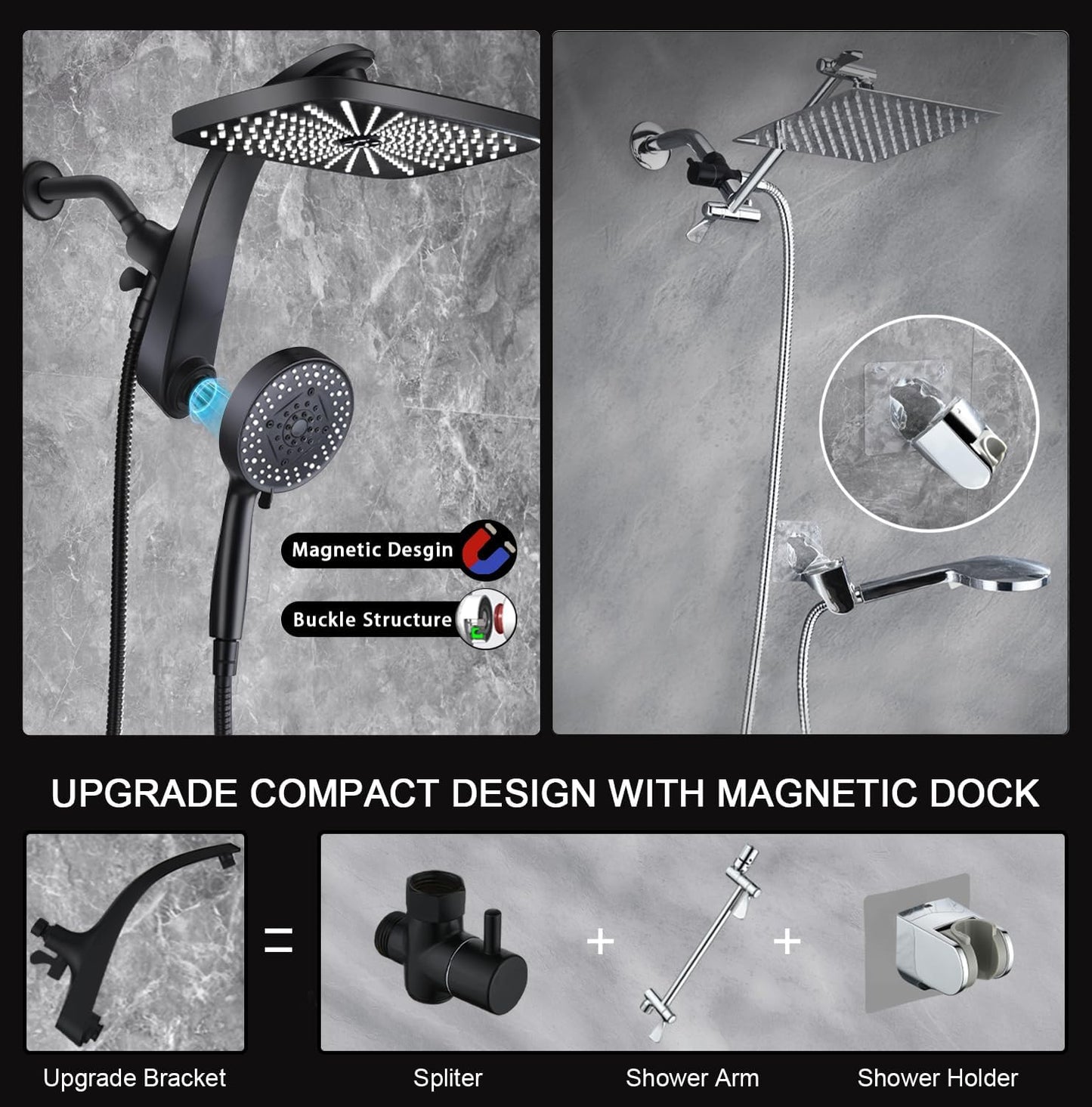 BOZYBO Rain Shower Head with Handheld: High Pressure Shower Heads with Handheld Spray Combo, 12" Rainfall Shower Head and 9 Sprays Hand Showerheads with Magnetic Docking and Power Jets, Black 1.75GPM