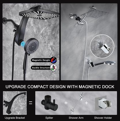 BOZYBO Rain Shower Head with Handheld: High Pressure Shower Heads with Handheld Spray Combo, 12" Rainfall Shower Head and 9 Sprays Hand Showerheads with Magnetic Docking and Power Jets, Black 1.75GPM