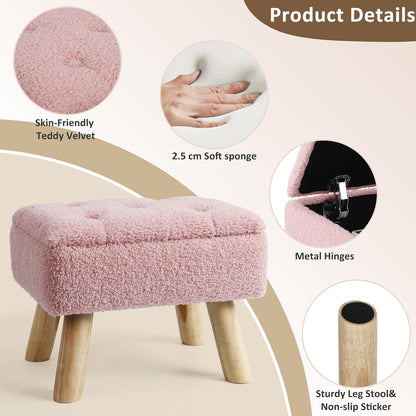 OGEMXU Storage Ottoman, Small Foot Stool Ottoman with Storage, Boucle Teddy Velvet Foot Rest with Padded Seat, Sturdy Wood Legs Stool for Living Room, Bedroom, Couch, Enterway (Cream)