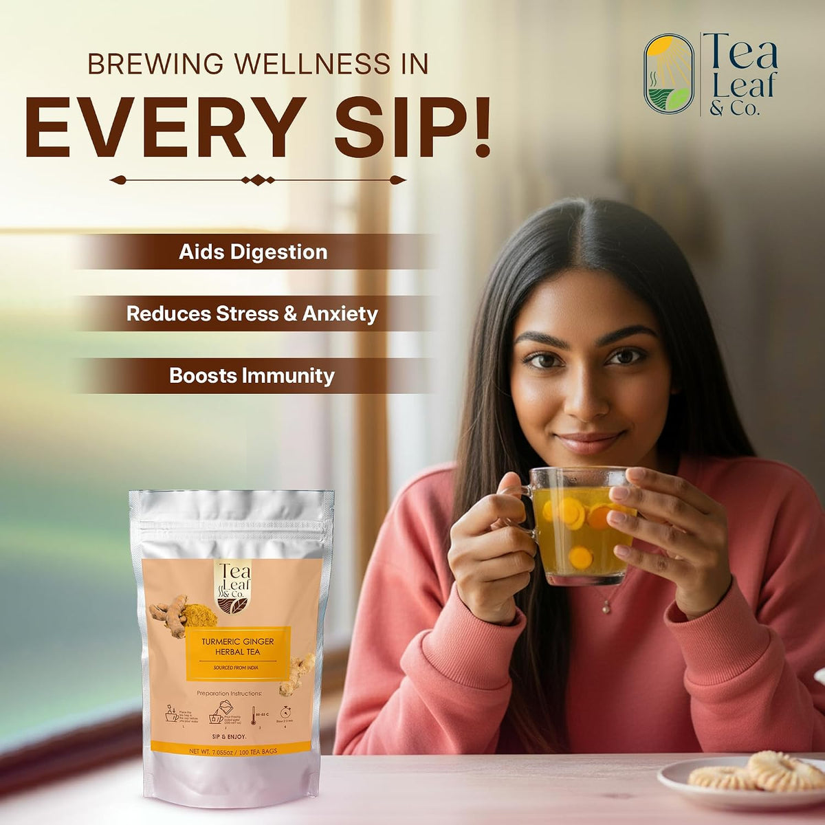 Turmeric Ginger Herbal Tea 200gm/7oz, Natural Herbal Infusion, 100 Tea Bags