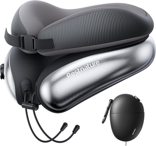 Neck Pillow for Traveling, Travel Pillows for Airplanes, Adjustable Neck Pillow Airplane Travel Essentials - 2 Layer Patented | Inflatable Air Loop & Memory Foam for 360° Ergonomic Support