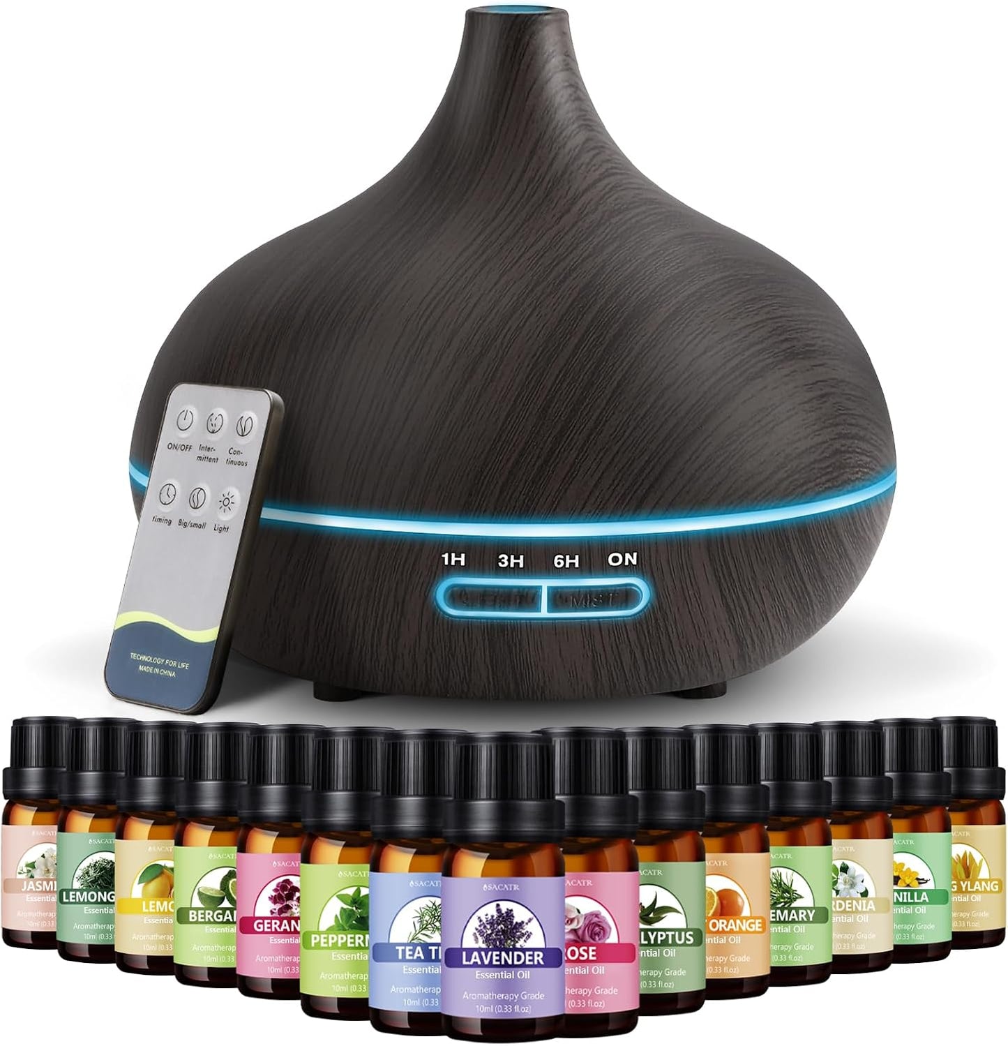 SACATR 550ml Oil Diffuser with 30x5 mL Essential Oils, Ultrasonic Technology, Remote Control for Home Office