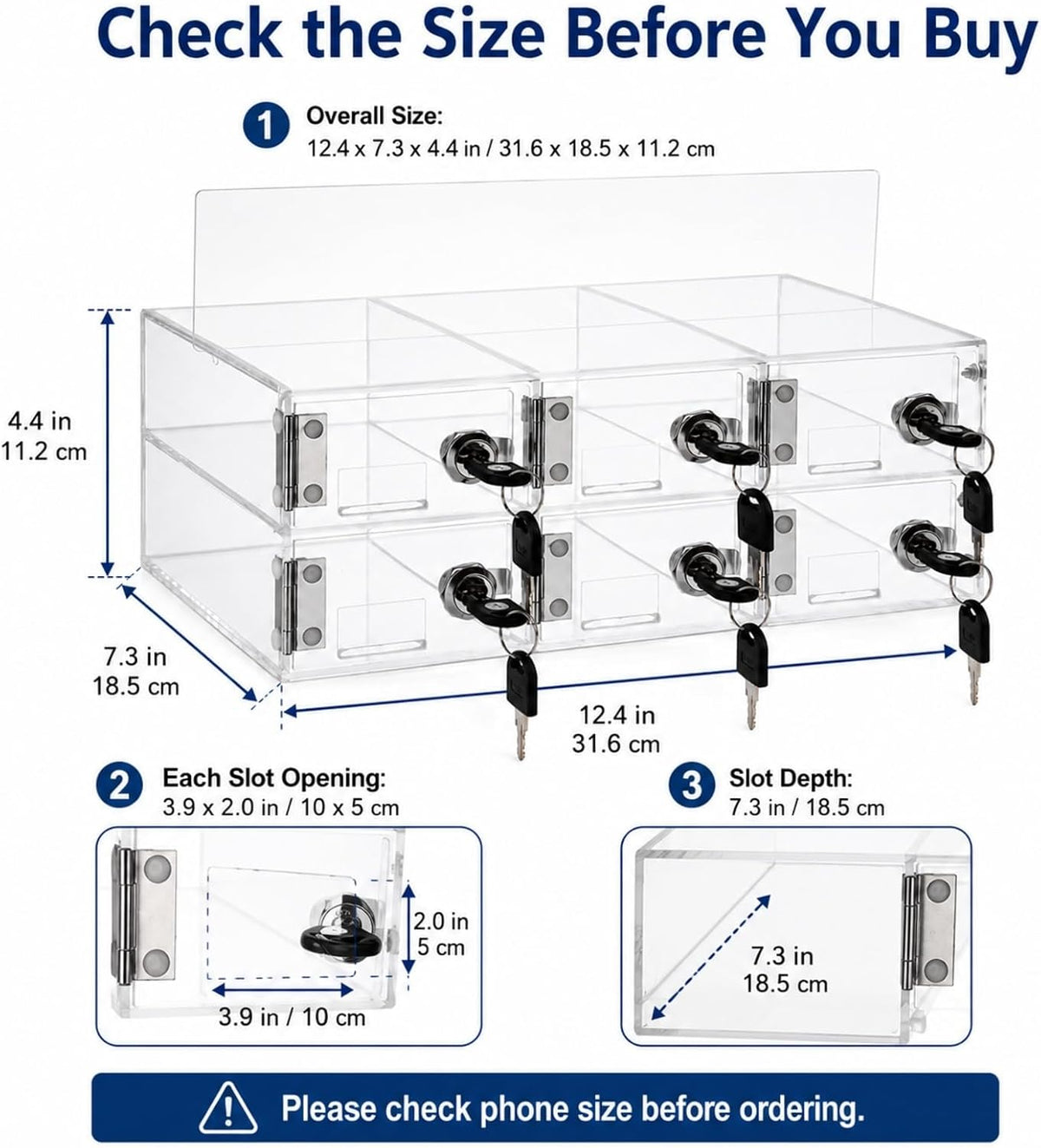 YOUNTHYE 6 Slot Cell Phone Locker, Clear Acrylic Phone Lock Box with Individual Keys, Wall Mounted Phone Storage Cabinet for Classroom, Office, Employees, Meetings and Small Teams