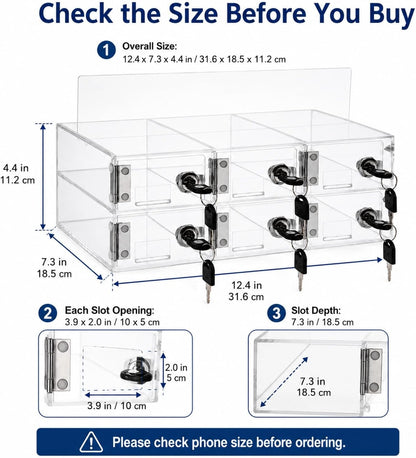 YOUNTHYE 6 Slot Cell Phone Locker, Clear Acrylic Phone Lock Box with Individual Keys, Wall Mounted Phone Storage Cabinet for Classroom, Office, Employees, Meetings and Small Teams
