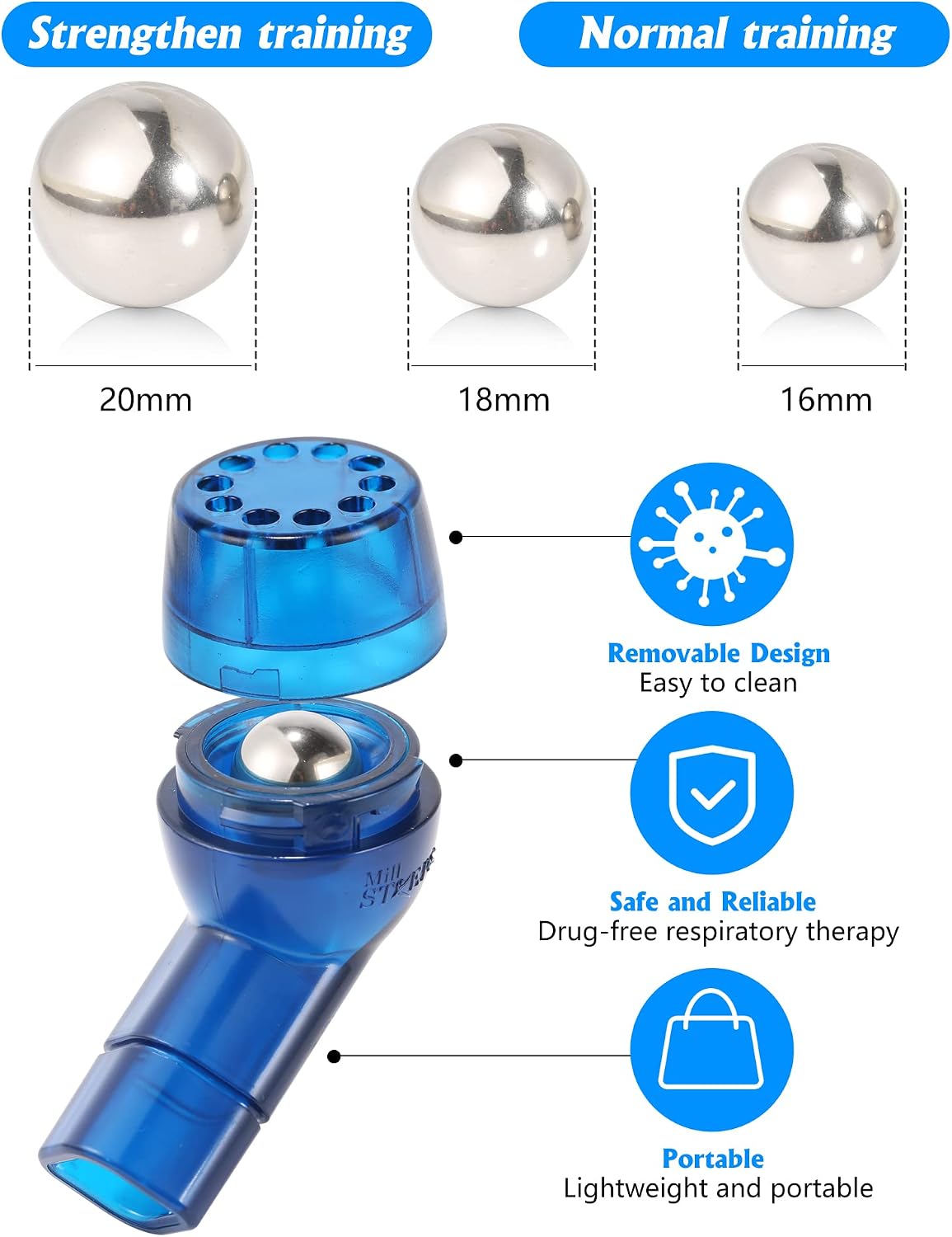 MILLSTEPS Breathing Exercise Device for Lungs,Flutter Valve,Expiratory Breathing Exerciser - Clear Mucus from Airways Naturally & Build Stronger Lungs (Blue)