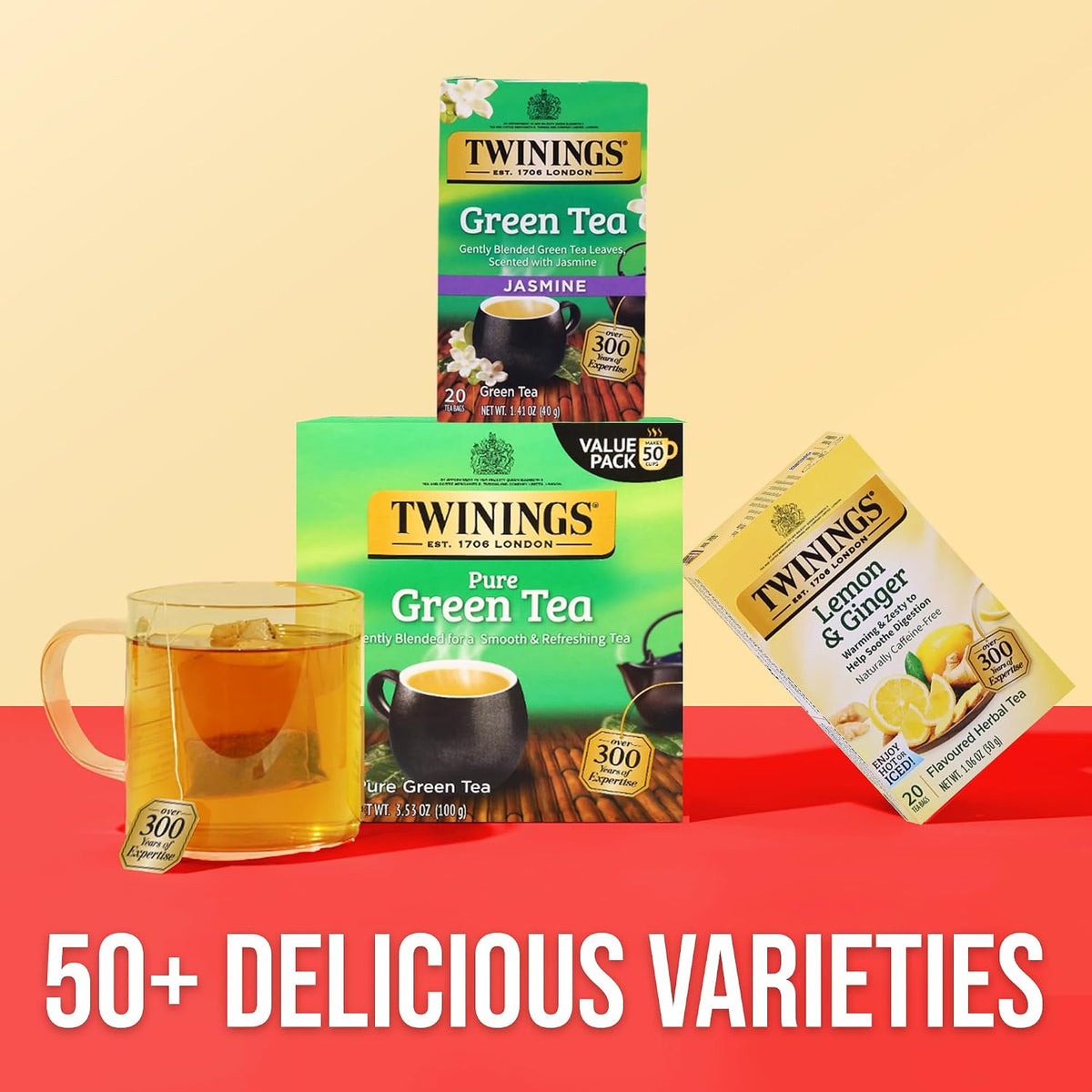Twinings Pure Green Tea, Caffeinated, Tea Bags, 50 CT Box (6 Pack)