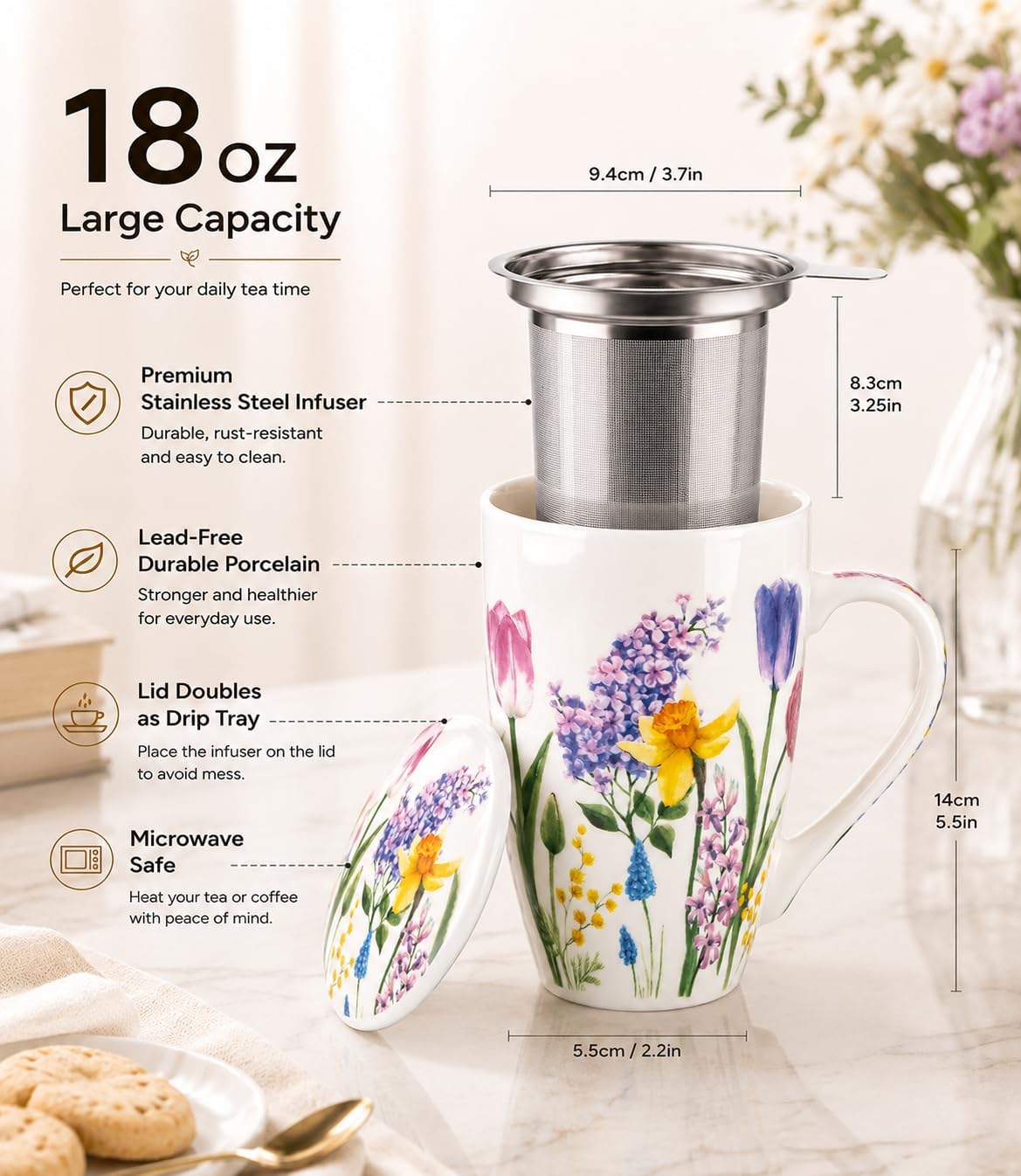 GBhome Tea Mug with Infuser and Lid, 18 Ounce Large Ceramic Loose Leaf Cup, Microwave, Dishwasher Safe, Perfect for Tea Lovers