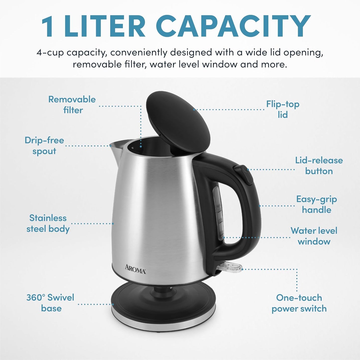 Aroma Housewares 1.0L / 4-cup Stainless Steel Electric Kettle (AWK-267SB)