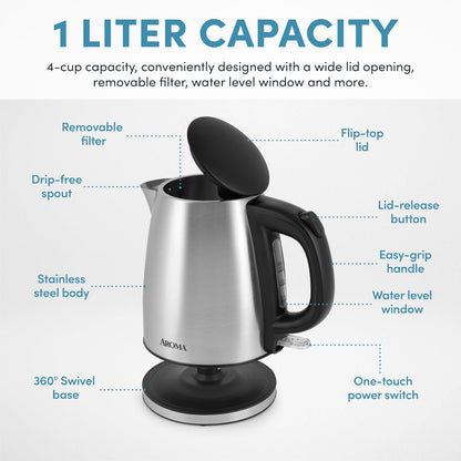 Aroma Housewares 1.0L / 4-cup Stainless Steel Electric Kettle (AWK-267SB)