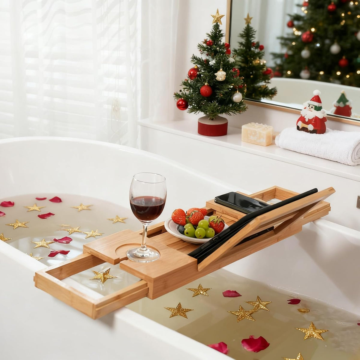 Utoplike Bamboo Bathtub Caddy Tray for Tub, Expandable Bath Table Trays