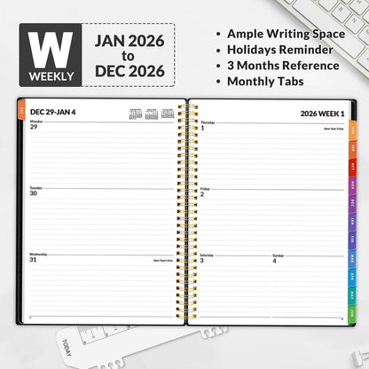 SUNEE Academic Planner 2026-2027 – Weekly & Monthly Planner, July 2026 to June 2027, 6.4"x8.3", Thick Paper, Tabs, Pockets, Bookmark, Spiral-Bound, Student Teacher Organizer, Black