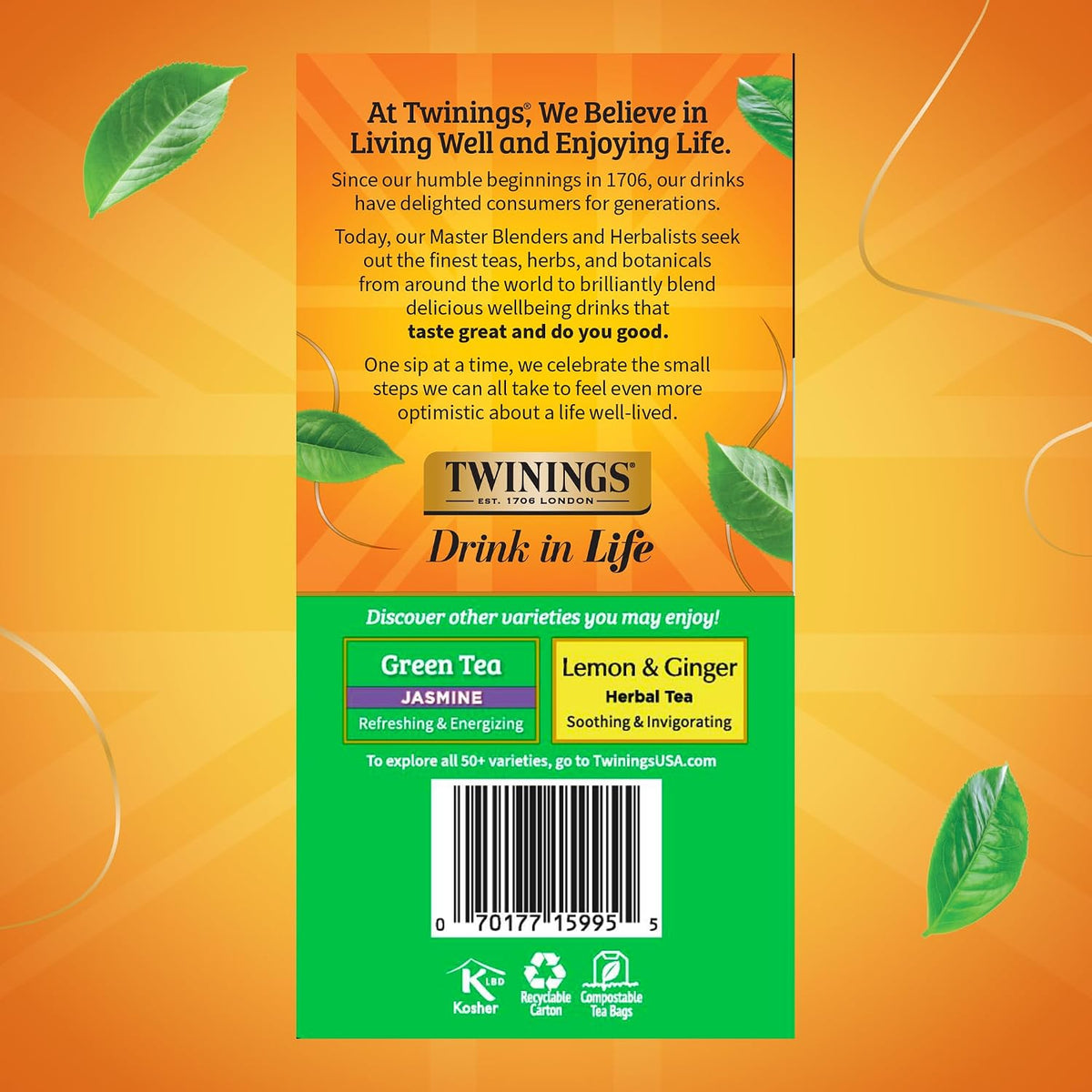 Twinings Pure Green Tea, Caffeinated, Tea Bags, 50 CT Box (6 Pack)