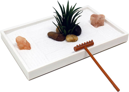Nature's Mark Mini Zen Garden Kit for Desk with White Sand, Rake, White Base, Salt Rock and Air Plant (Round)