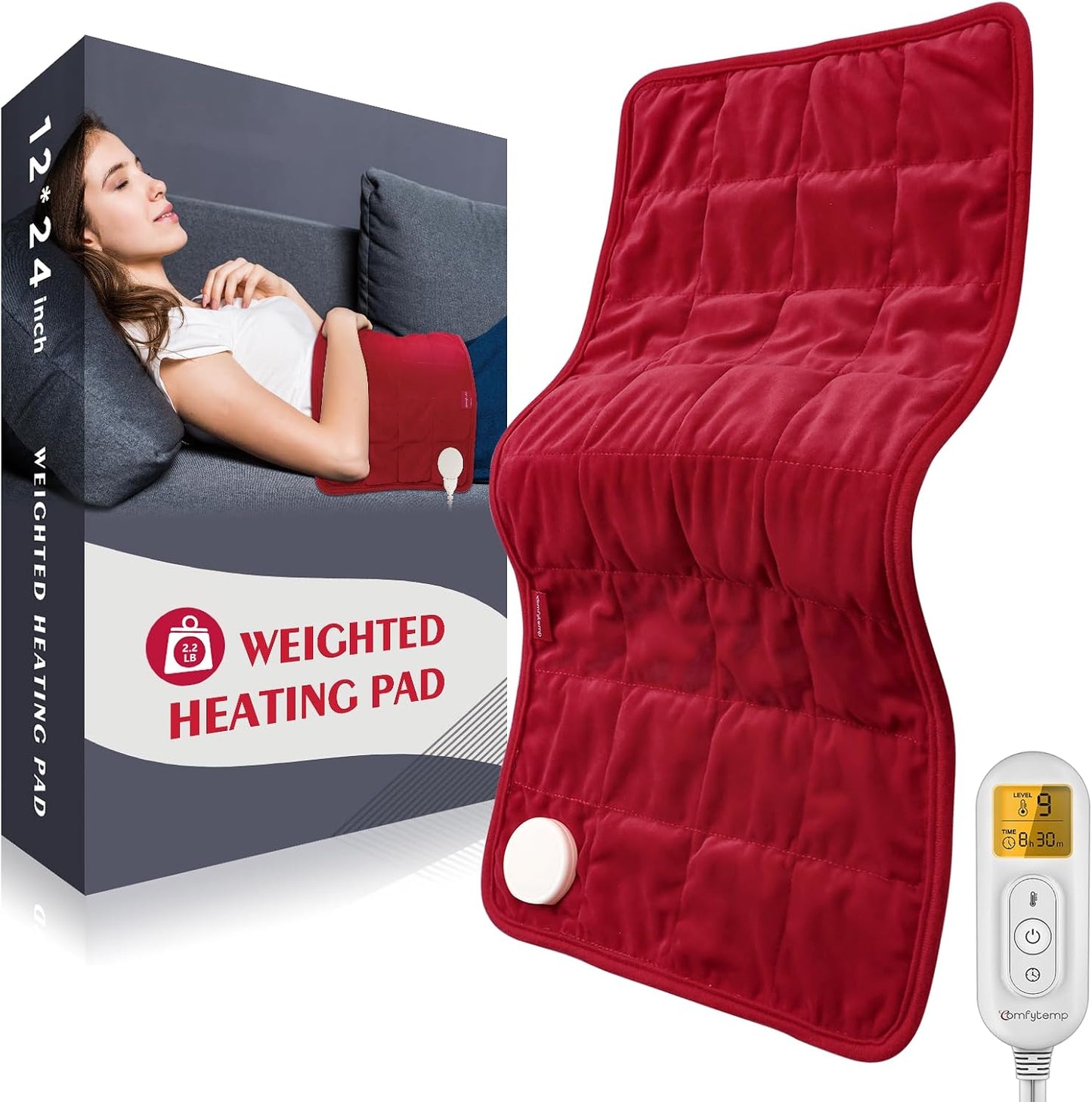 Comfytemp Weighted Heating Pad for Period & Back, 2.2lb Extra Large Menstrual Heated Pad, 12" x 24" XL Electric Heat Pad with 9 Heat Level & 11 timers auto-off for Neck Shoulder Leg Knee Abdomen, Gray