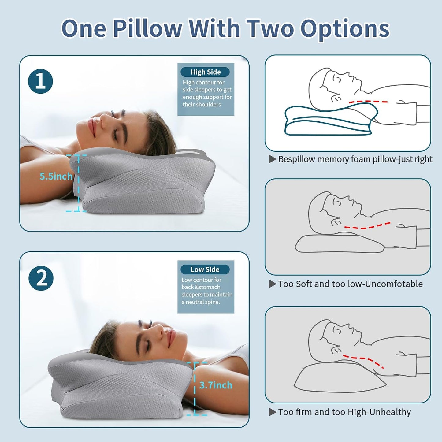 Cervical Neck Pillow for Pain Relief, Ergonomic Memory Foam Support Pillow | Orthopedic contour cervical pillow, made of premium cooling memory foam. Ideal for side, back & stomach sleepers