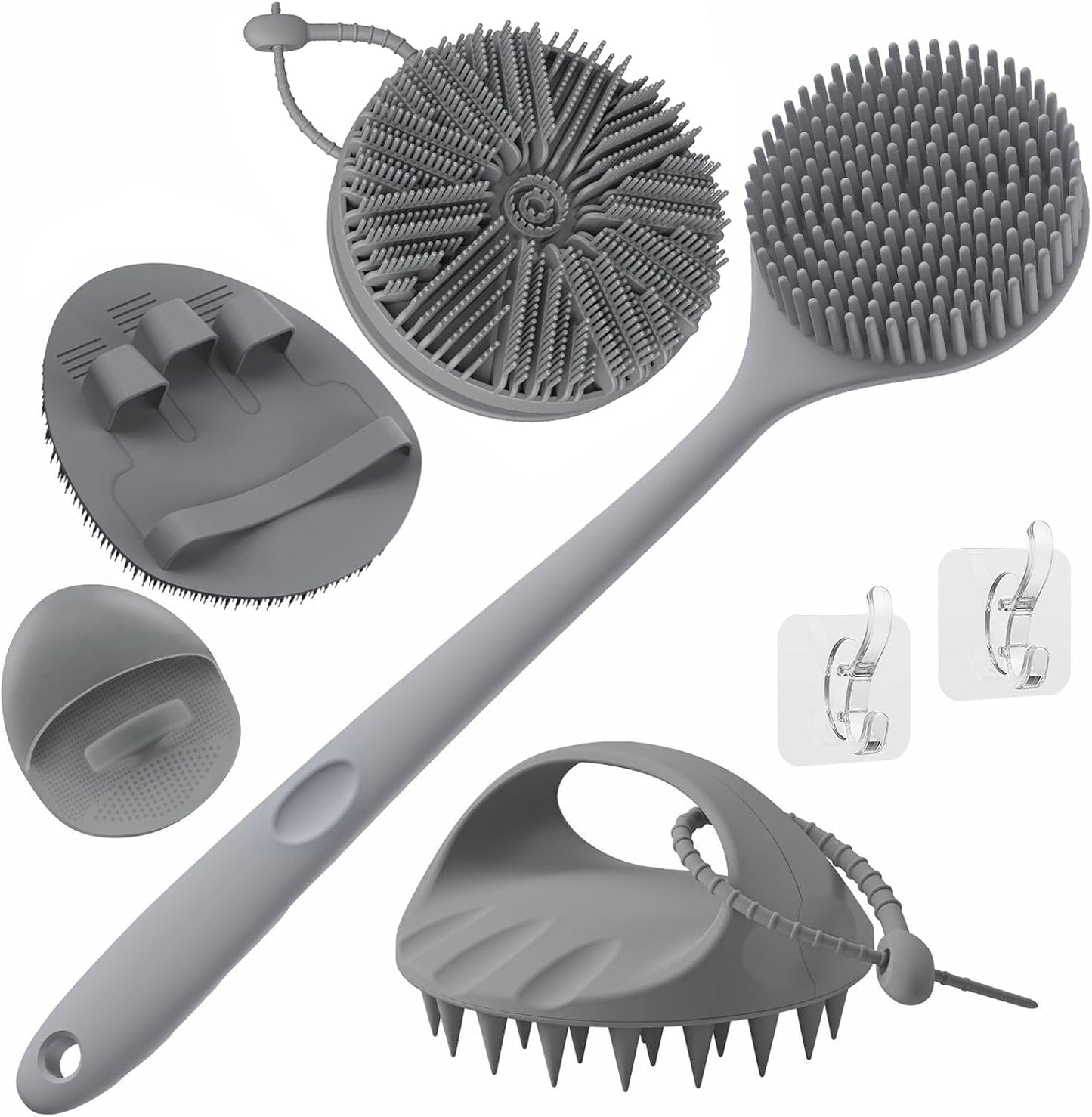 Manmihealth Silicone Back Scrubber & Soft Bath Glove, Silicone Scalp Massager Set 5 PCS, Super-Exfoliating Body Scrubber Shower Brush & Shampoo Brush Combination, with 2 Free Hooks (Style 1 Black)