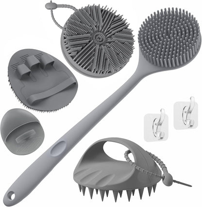 Manmihealth Silicone Back Scrubber & Soft Bath Glove, Silicone Scalp Massager Set 5 PCS, Super-Exfoliating Body Scrubber Shower Brush & Shampoo Brush Combination, with 2 Free Hooks (Style 1 Black)
