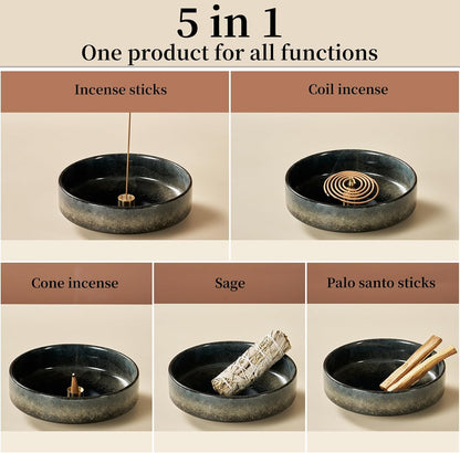 6" Ceramic Incense Holder for Sticks with 10 Holes,5in1 Handmade Flambé Glaze Incense Burner Bowl Ash Catcher for Stick,Coil,Cone,Sage,Palo Santo,Candle - Ideal for Yoga Spa Meditation Home Décor