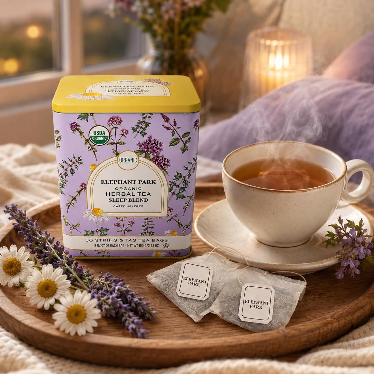 Organic Sleep Blend Herbal Tea - 50 Packets - Natural Chamomile, Peppermint, Fennel And Tulsi Teabags - USDA Certified 100% Non-GMO - Decaffeinated Designer Gift Tin